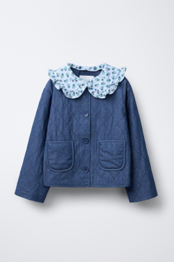 ZARA СТЕГАНАЯ КУРТКА С ОТСТЕГИВАЮЩИМСЯ ВОРОТНИКОМ И ЦВЕТОЧНЫМ ПРИНТОМ, СИНИЙ