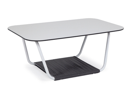 "Гранада" журнальный стол 90х60см из HPL, цвет "молочный", каркас белый муар, роуп темно-серый круглый