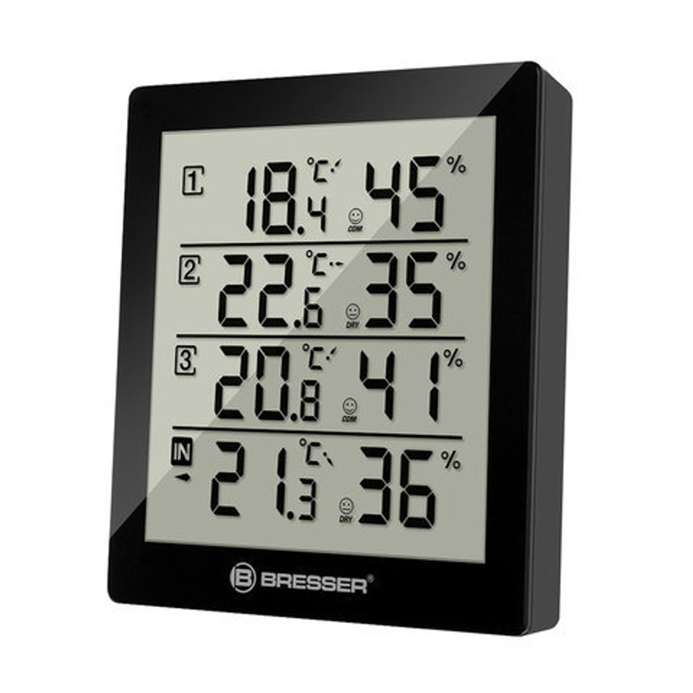 Метеостанция BRESSER Temeo Hygro Quadro, 3 термодатчика, гигрометр, черный, 73257