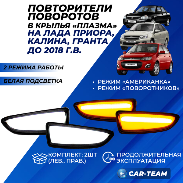 Повторители поворотов в крылья Лада Приора, Гранта, Калина "Плазма" плавающие с режимом RGB, белая подсветка