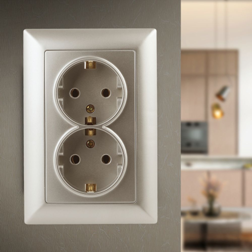 Розетка Intro Solo 4-205-04 с заземлением двойная 2X2P+E Schuko, 16А-250В, IP20, СУ, шампань