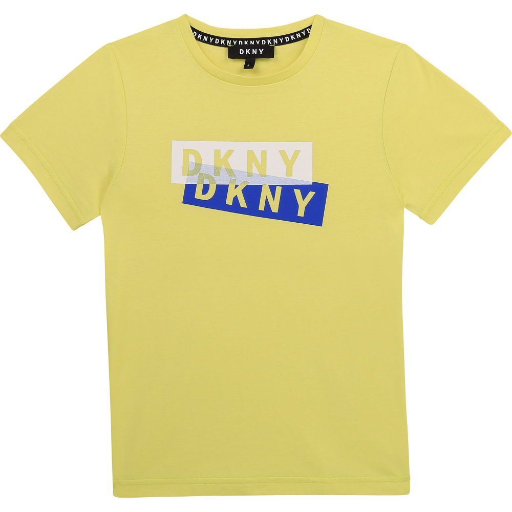 Футболка DKNY Лимонный/Термопринт: бело-синие прямоугольники-логотипы (Мальчик)