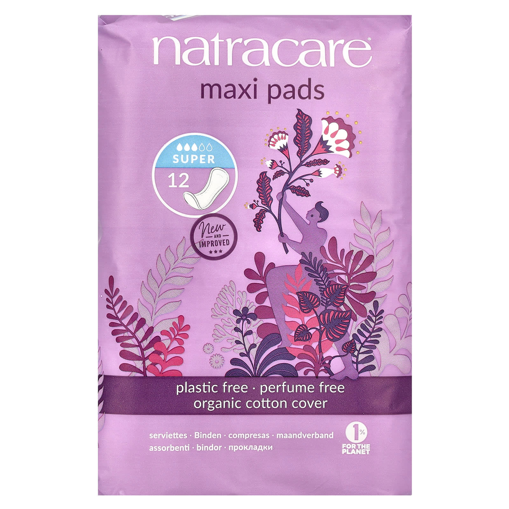 Natracare, Maxi, прокладки, поверхность из органического хлопка, супер, 12 штук