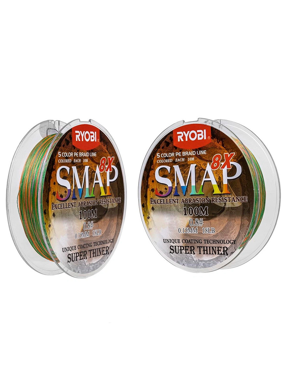 Шнур плетеный для рыбалки Ryobi SMAP PE8X-100M Multi Colour 6.0# 0,405мм