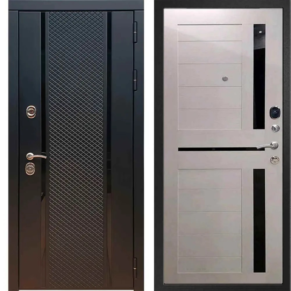 Входная металлическая дверь с зеркалом RеX (РЕКС) 25 кварц черный, фурнитура хром/ СБ 18 Лиственница бежевая, черные стекла