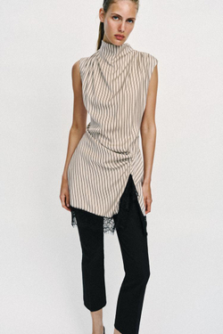 ZARA МИНИ-ПЛАТЬЕ В ПОЛОСКУ С КРУЖЕВОМ, РОЗОВЫЙ