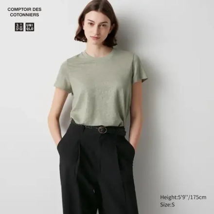 UNIQLO ФУТБОЛКА С КРУГЛЫМ ВЫРЕЗОМ И КОРОТКИМИ РУКАВАМИ, ОЛИВКОВЫЙ