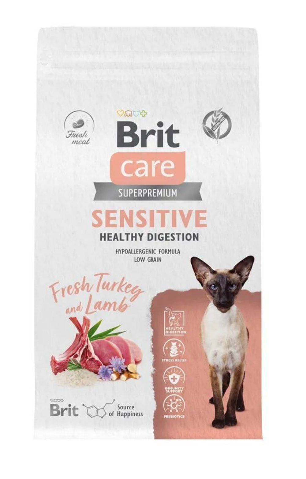 Корм для кошек сухой BRIT CARE "Cat Sensitive Healthy Digestion" для взрослых животных с чувствительным пищеварением, с индейкой и ягнёнком, 1,5 кг