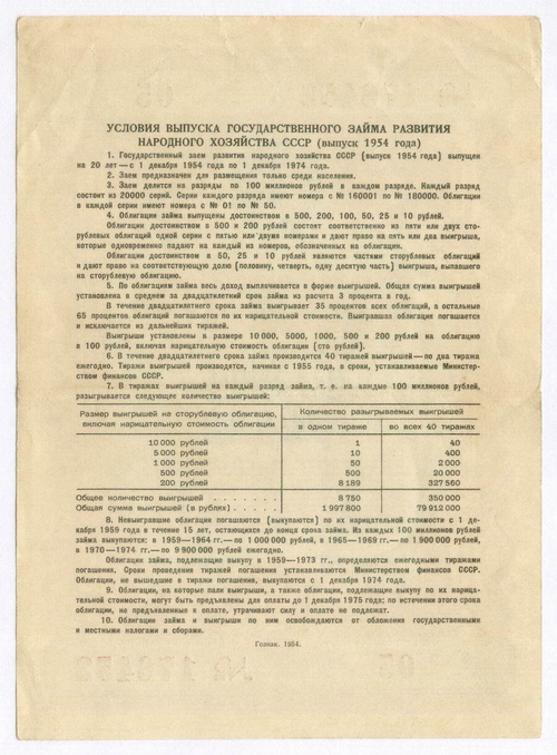 Облигация 10 рублей 1954 год. Серия № 176452. VF