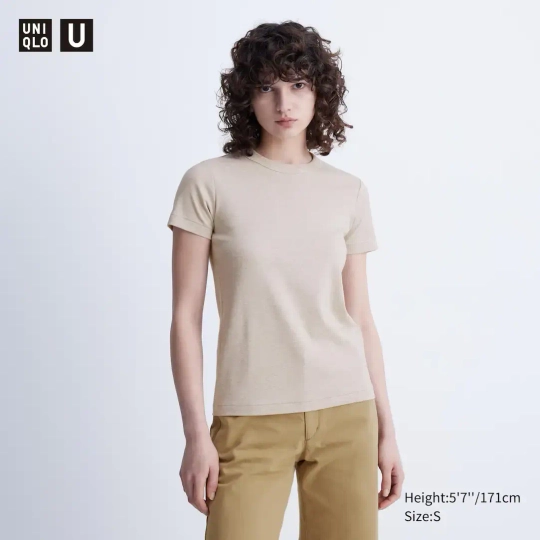 UNIQLO ФУТБОЛКА С КРУГЛЫМ ВЫРЕЗОМ, БЕЖЕВЫЙ