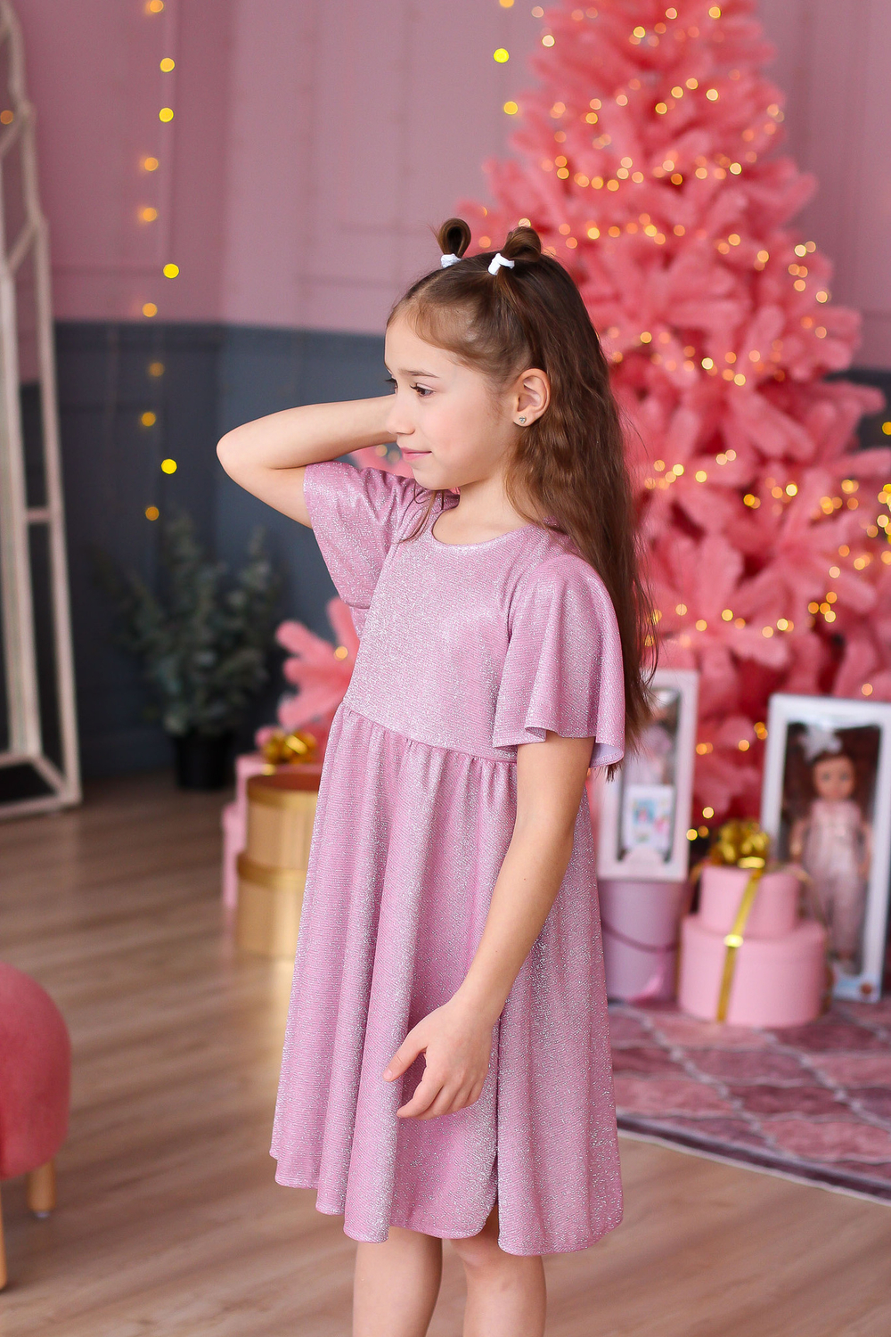 Платье блестящее "Звездочка" с люрексом, розовое