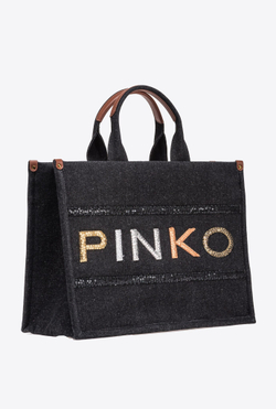 DENIM SHOPPER BAG WITH SEQUINNED LOGO