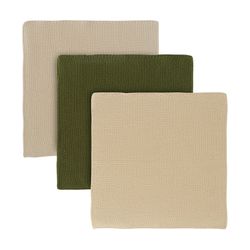 Набор из трех вязаных салфеток для уборки и мытья посуды бежевого и оливкового цветов из коллекции Essential, 28х28 см