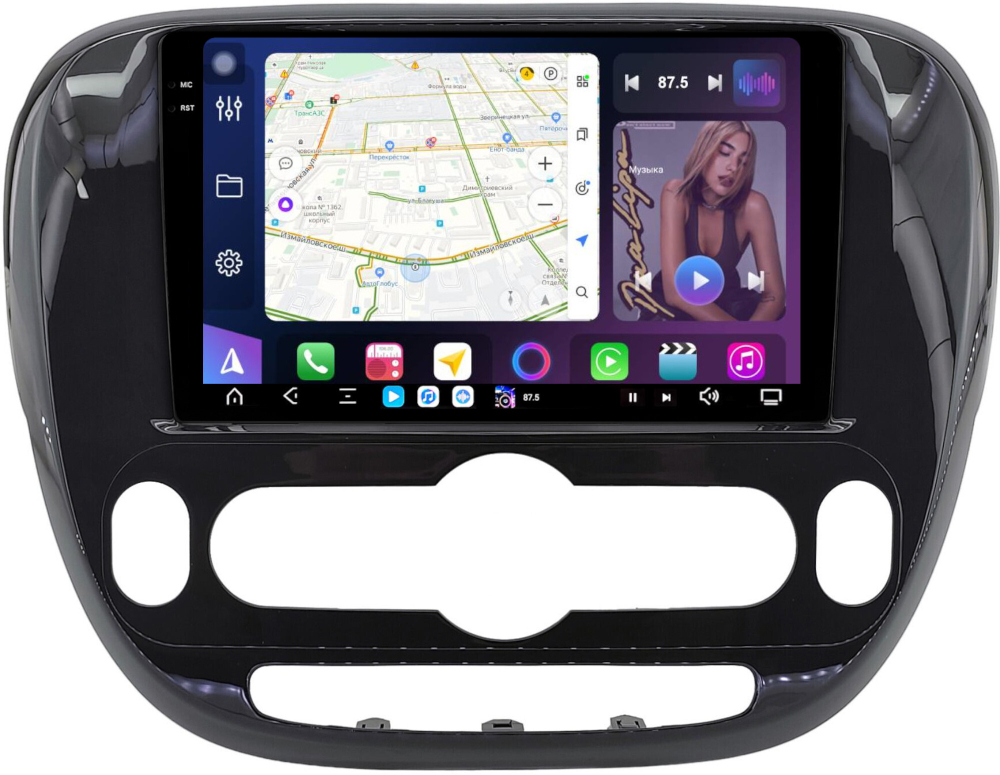 Магнитола для KIA Soul 2 2014-2019 (климат, рамка глянцевая) - FarCar XXL526M монитор 9.5" 2K QLED на Android 14, TS20, 8+256Гб, CarPlay, 4G SIM-слот