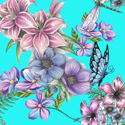 Цветы с бабочкой на бирюзовом