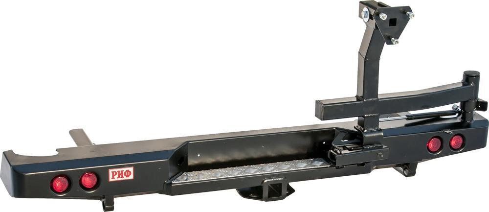 Бампер силовой задний Nissan Navara D40 2005-2014 с квадратом под фаркоп, калиткой, фонарями, подсветкой номера стандарт РИФ