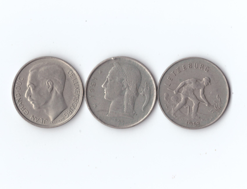 Набор монет. Люксембург. Бельгия. 3 шт. 1 франк 1953,78,51 гг. VF-XF