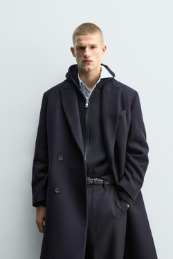 ZARA ПАЛЬТО ИЗ РЕЛЬЕФНОЙ ТКАНИ С ШЕРСТЬЮ, СИНИЙ