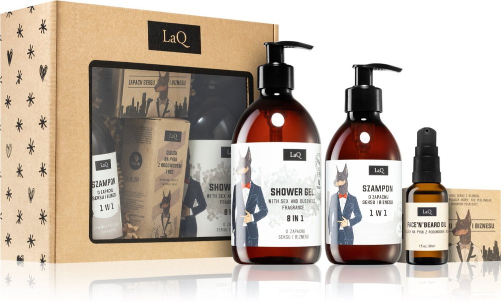 LaQ refreshing shower gel 8-in-1 500 мл + очищающий шампунь 300 мл + nourishing oil for face and beard 30 мл + Bar soap 85 г Doberman