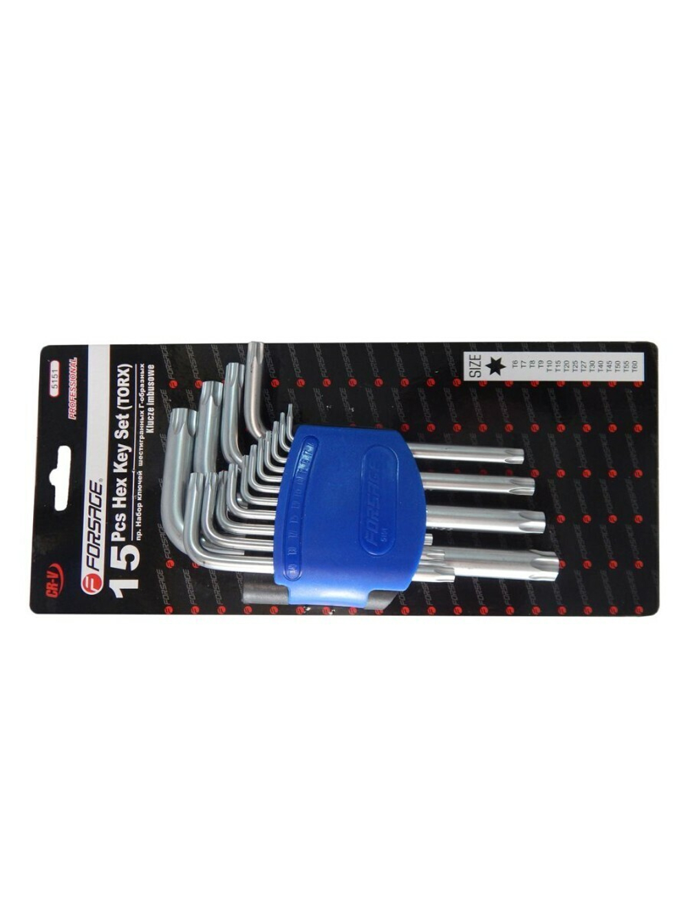 Набор ключей TORX Г-образных с отверстием,15пр.(Т6Н,T7H,T8H,T9H,Т10Н,Т15Н,Т20Н,Т25Н,Т27Н, Т30Н,Т40Н,Т45Н,Т50Н,Т55Н,Т60Н)в пластиковом держателе Forsage F-5151T