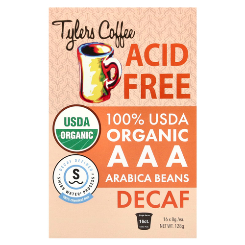 Tylers Coffees, Бескислотный органический кофе без кофеина, 16 порционных кофейных капсул, по 8 г