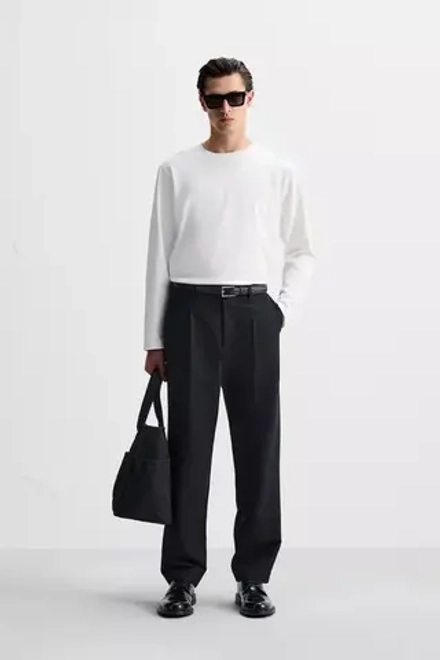ZARA ФУТБОЛКА ИЗ ПЛОТНОГО ХЛОПКА С ДЛИННЫМИ РУКАВАМИ, БЕЛЫЙ