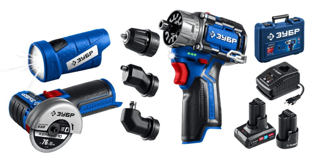 Набор аккумуляторного инструмента ЗУБР DB-125-42ABF КОМБИ #5 (дрель-шуруповерт + УШМ + LED фонарь)