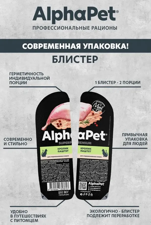 Влажный корм AlphaPet Superpremium для взрослых стерилизованных кошек паштет с кроликом