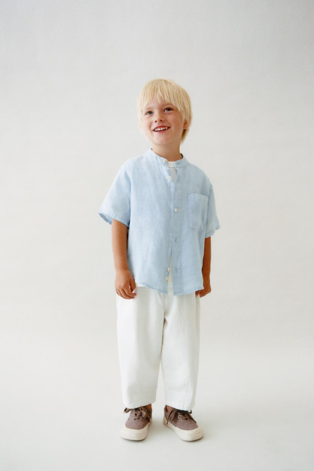 ZARA РУБАШКА ИЗО ЛЬНА С ВОРОТНИКОМ-СТОЙКОЙ, СИНИЙ