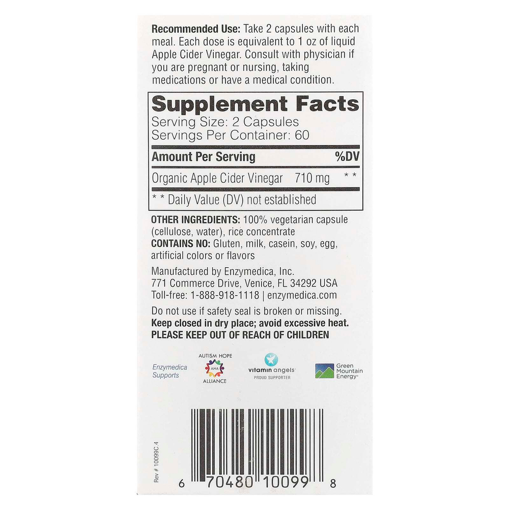 Enzymedica, яблочный уксус с уксусной маткой, 120 капсул (355 мг в 1 капсуле)