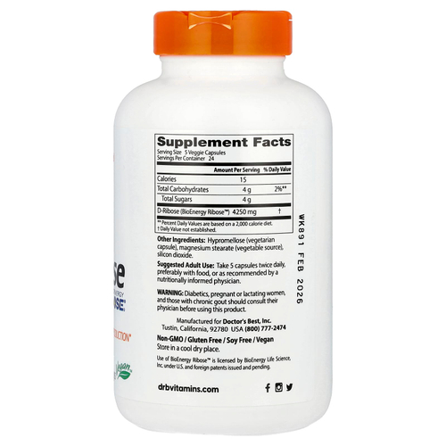Doctor's Best, D-рибоза с BioEnergy Ribose®, 120 растительных капсул