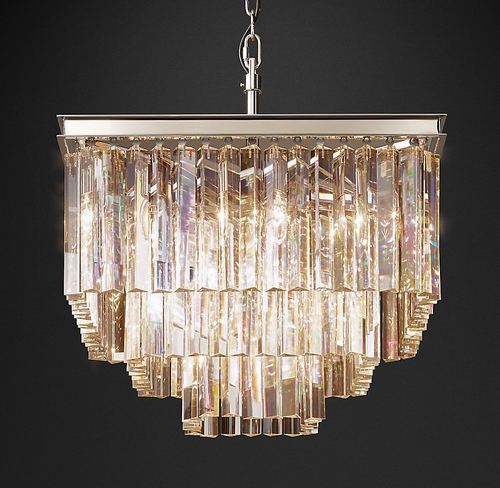 Подвесной дизайнерский светильник  1920S Odeon Clear Glass Fringe Square 3-Tier Chandelier by Restoration Hardware