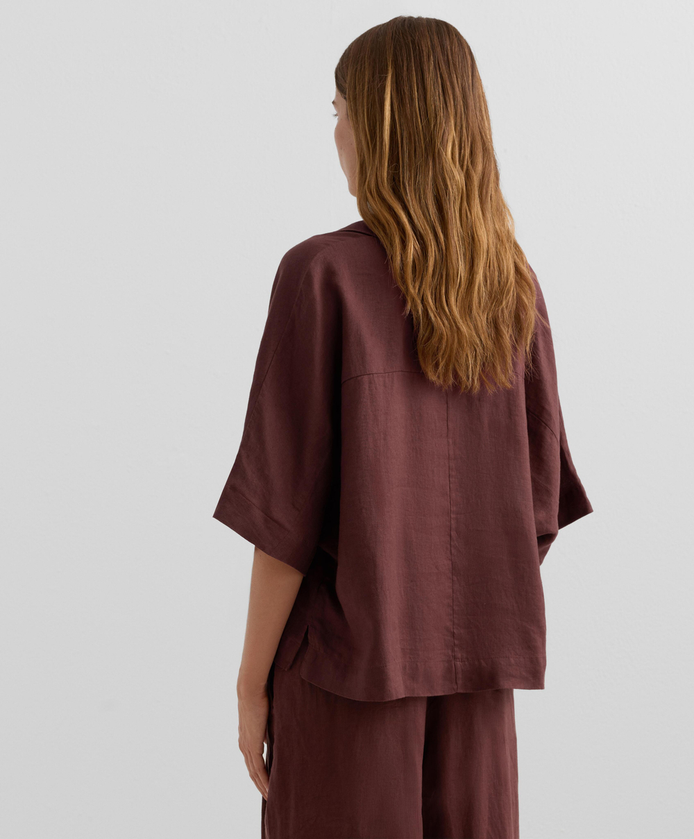 Oysho Рубашка свободного кроя с коротким рукавом из 100% льна, винный