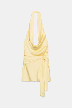 ZARA АТЛАСНОЕ МИНИ-ПЛАТЬЕ С ПОЯСОМ, ЖЕЛТЫЙ