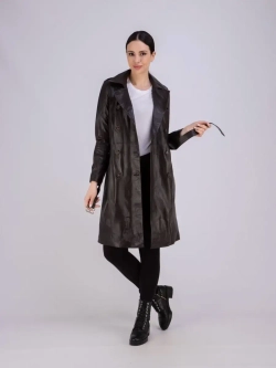 Тренч длинный кожаный с поясом плащ на весну