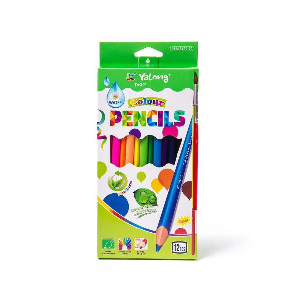 Карандаши акварельные Yalong 12 цв., "Colour", деревянные, трехгранные, заточенные, кисть, 3.0 мм, картон. упаковка, европодвес