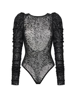 Боди с драпированными рукавами из эластичной сетки с узором