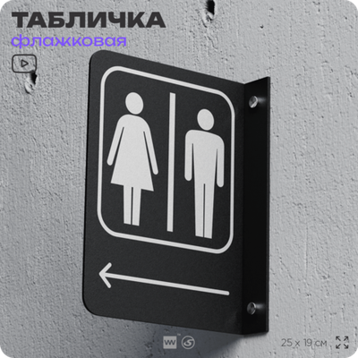 Табличка "Туалет налево" флажковая на стену, двусторонняя с крепежом, 19 х 25 см, для офиса, кафе, ресторана, серия COSMO, Айдентика Технолоджи