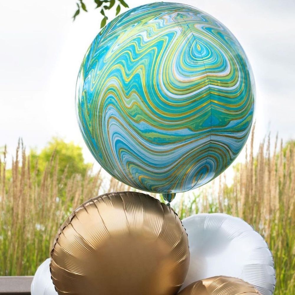 Шар 3D сфера, фольга, 15"/38 см, мрамор зеленый, синий (AN) (БГ-19)  Изображение3