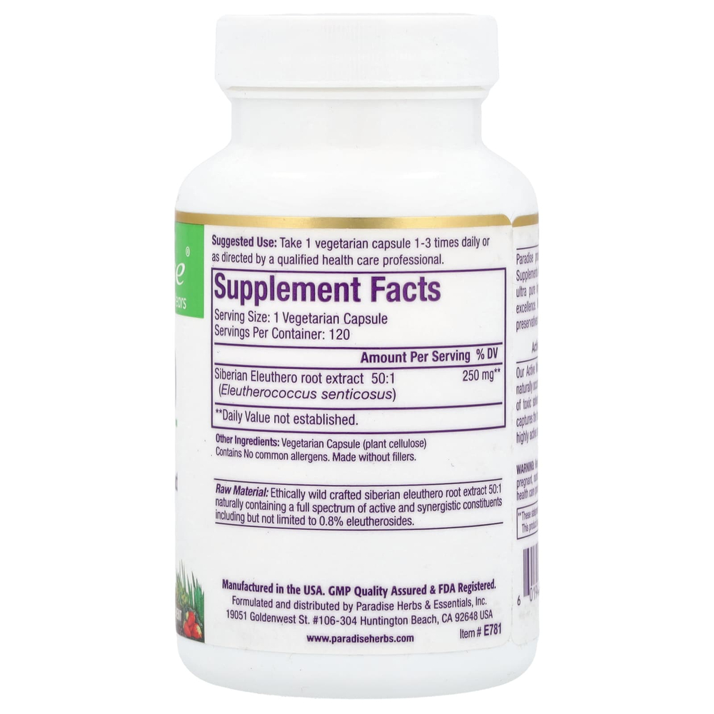 Paradise Herbs, Eleuthero, 120 вегетарианских капсул (250 мг на капсулу)