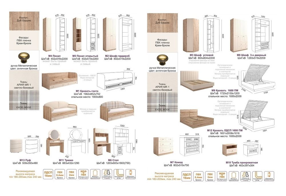 Спальный гарнитур "Богуслава" № 1 (дуб баррик светлый/крем брюле), ЛДСП/МДФ, Комфорт-S