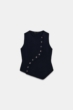 ZARA ТРИКОТАЖНЫЙ ТОП С АСИММЕТРИЧНОЙ ЗАСТЕЖКОЙ, МОРСКОЙ СИНИЙ