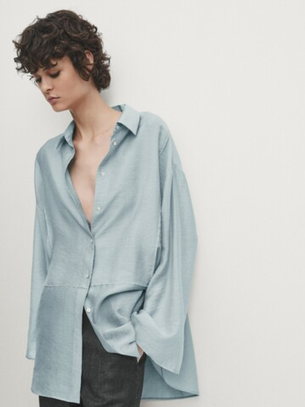 Massimo Dutti Блуза оверсайз с рубашечным воротником,  синий