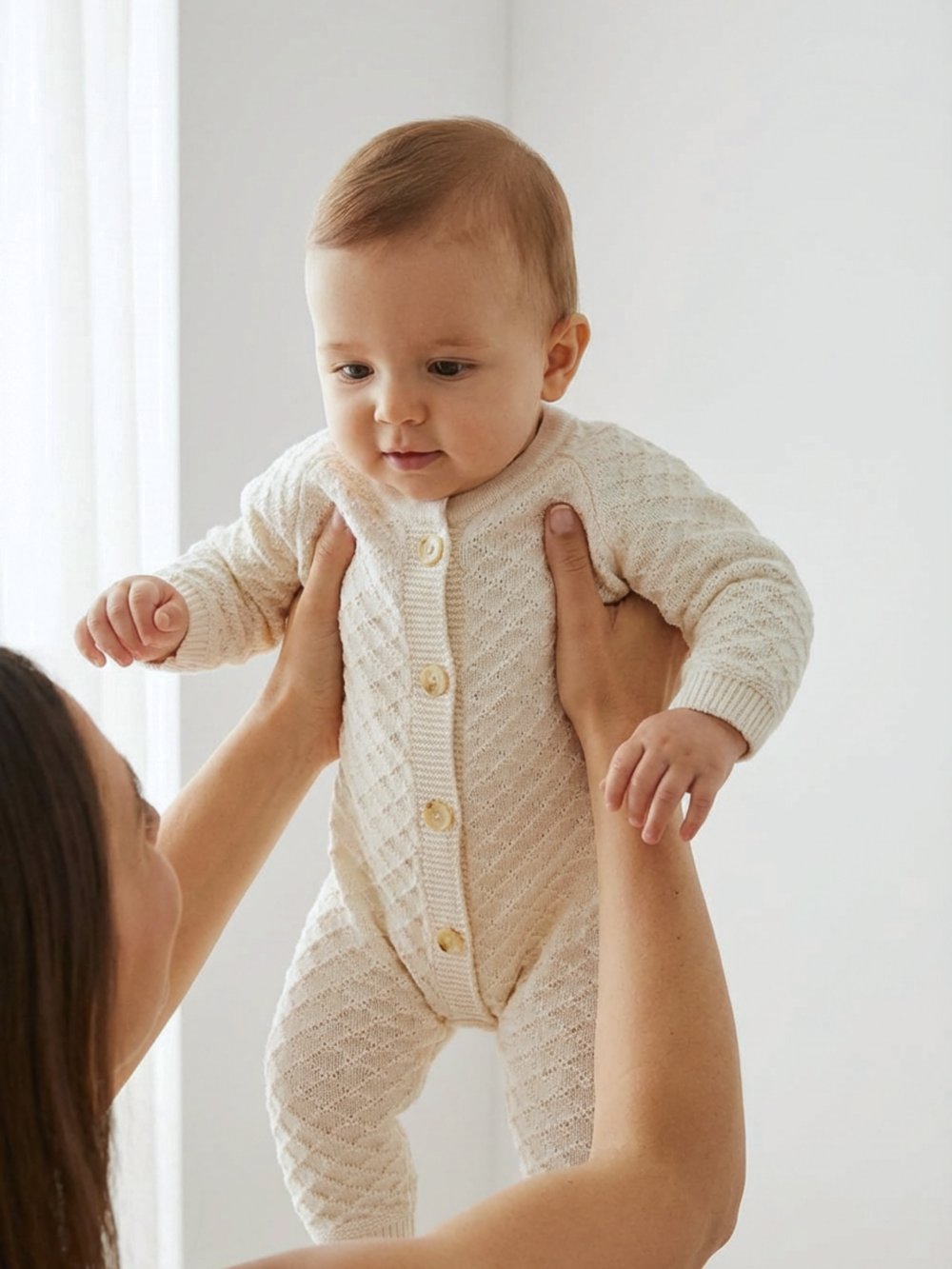 Комбинезон вязаный для малыша молочный