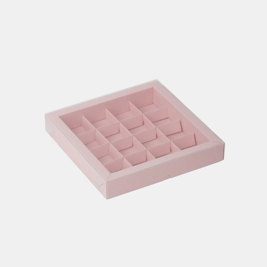 Коробка для 16 конфет с пластиковой крышкой (розовый)