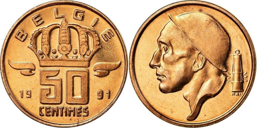 Бельгия 50 сантимов, 1956-2001 Надпись на голландском - 'BELGIE' Шахтёр XF