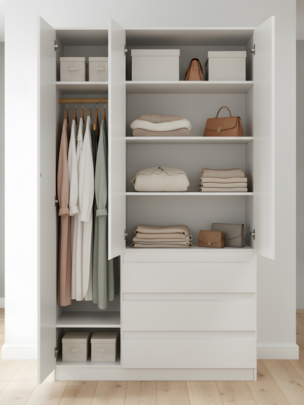 Шкаф для одежды распашной 3 двери 3 ящика Марм 121х51х208 см со штангой и полками, в скандинавском стиле