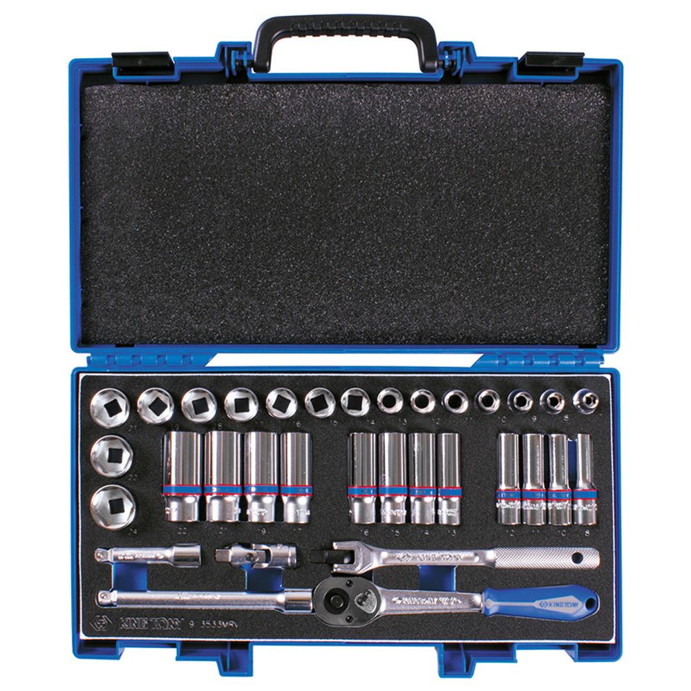 KING TONY (3533MRV) Набор торцевых головок с принадлежностями 3/8", 6-гранные, 7-24 мм, 33 предмета