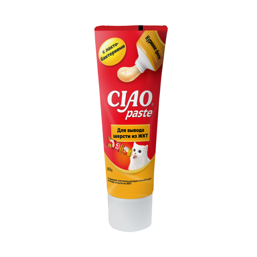 Паста Inaba Ciao Paste для кошек для вывода шерсти, куриное филе с лактобактериями - 80 гр