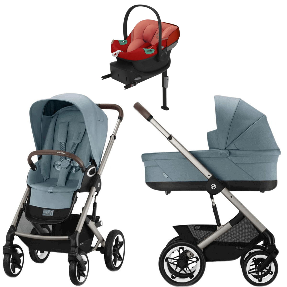Коляска Cybex Talos S Lux TPE complete Aton S2 Hibiscus Red Base One 4 в 1 Stormy Blue с дождевиками